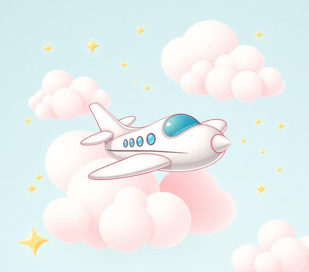 Cartoon jet flying through puffy clouds surrounded by golden stars