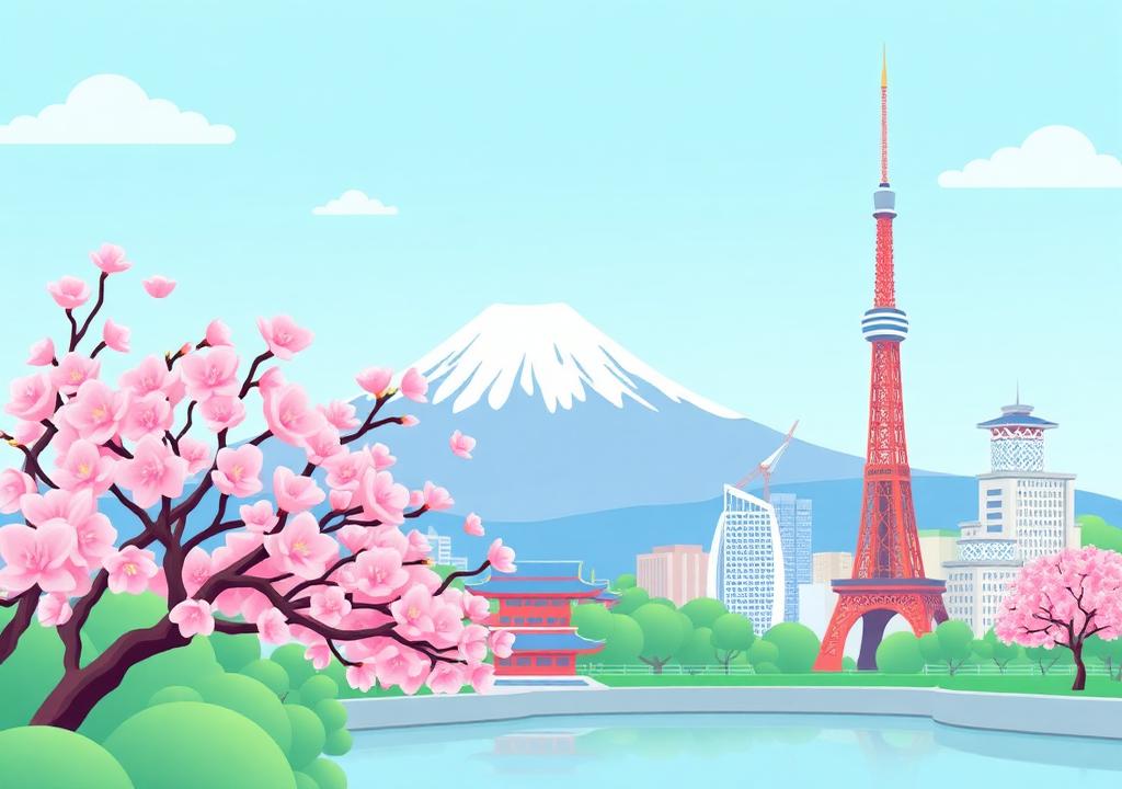 Cartoon illustration of Tokyo with cherry blossoms and Mount Fuji